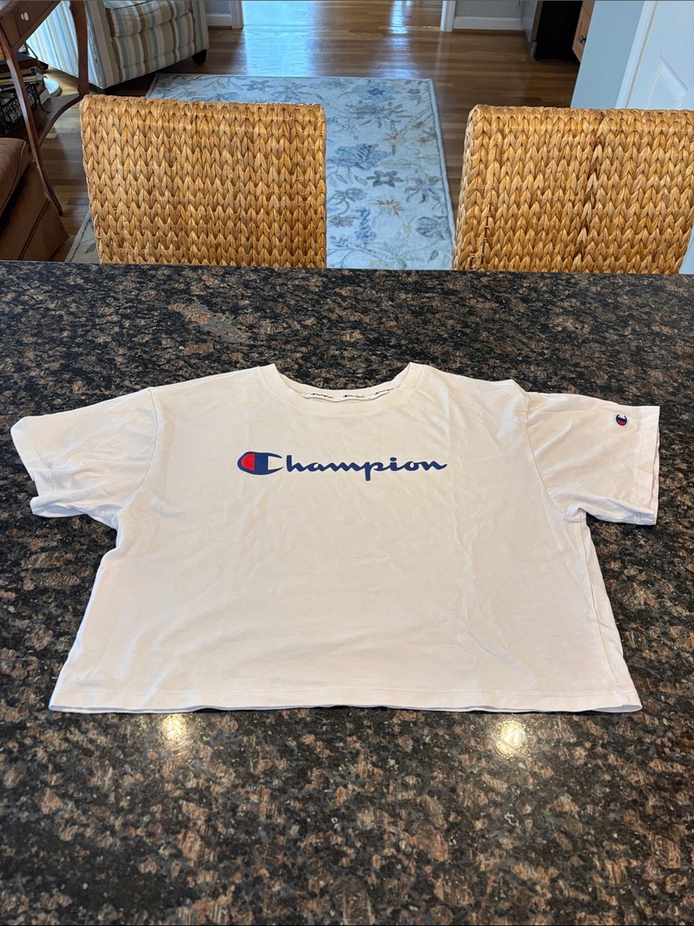 Champion Cropped Tee in White with Blue & Red Logo